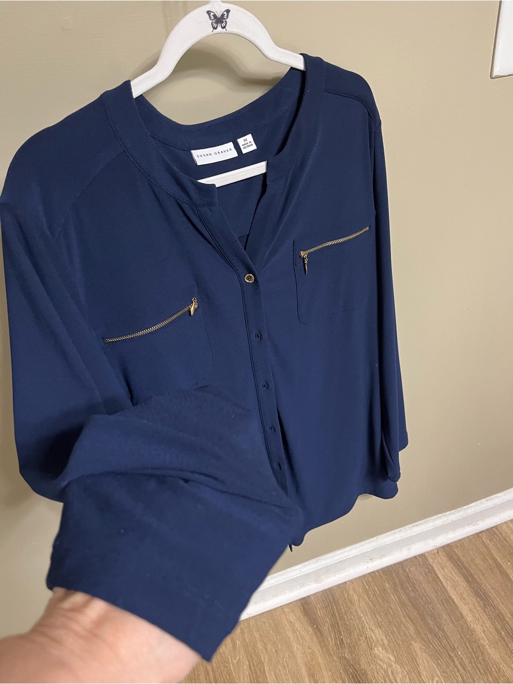 Susan Graver Navy Blouse with Gold Zip Pockets